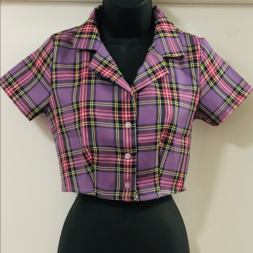 Purple Plaid Collared Crop Top - Picture 1 of 1